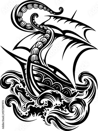 SVG of Pirate Leviathan beasts captured in a striking tattoo design. Black and White Illustration of a Ship with Tentacles and Waves