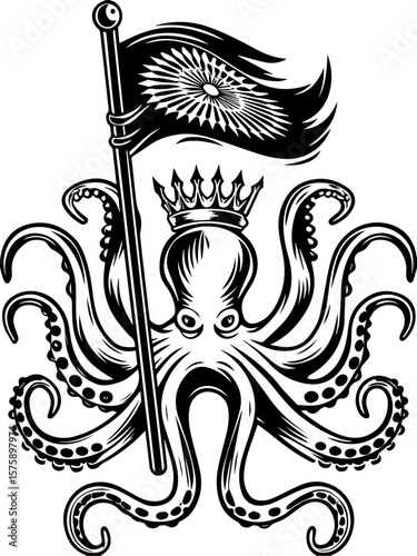 SVG of Pirate Leviathan beasts captured in a striking tattoo design. Intricate Octopus Illustration Holding a Flag with Crown Design
