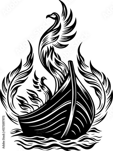 SVG of Pirate Leviathan beasts captured in a striking tattoo design. Artistic Design of Phoenix and Boat in Black and White Illustration