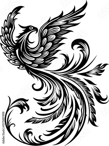 SVG of Pirate Leviathan beasts captured in a striking tattoo design. Elegant Black and White Phoenix Design with Flowing Feathers