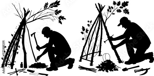 Bushcraft or Survival Shelter Building in Wilderness Silhouette