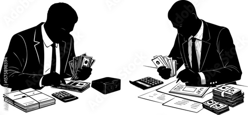 Businessman Counting Money and Calculating Finances Silhouette