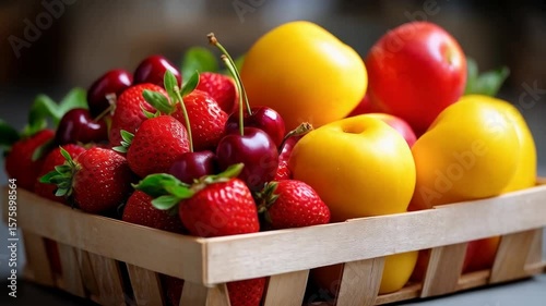 A vibrant assortment of fresh fruits nestled in a rustic basket, showcasing a colorful display of nature's bounty
