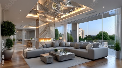 Modern living room with city view high resolution photo