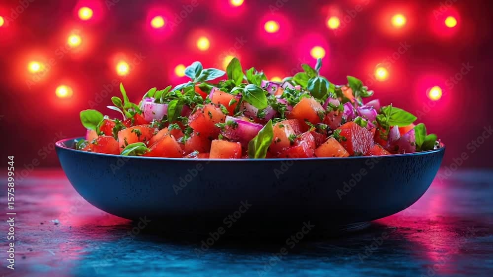 Fresh tomato and red onion salad in a dark bowl against a festive backdrop
