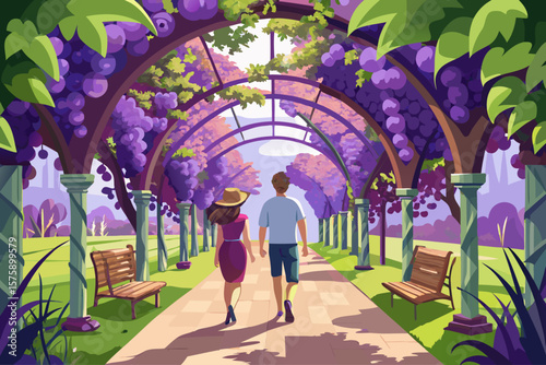 vector of A teenage couple walking in the park on a fine summer day under a metal garden arch covered in bunches of purple grapes seen from behind.