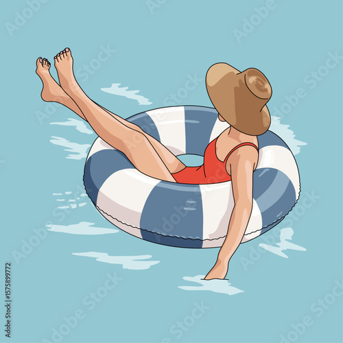 Young Woman With a Hat Relaxing in Water on a Summer Day, Poolside, Sea, Beach Holiday