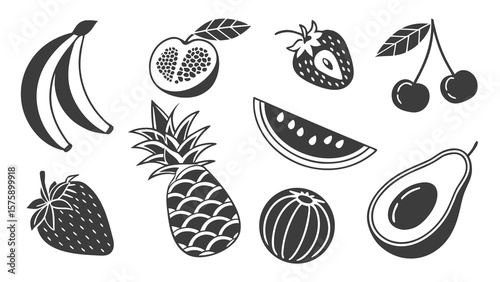 A collection of various fruits including bananas peach strawberry pineapple watermelon avocado and cherries