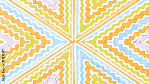 Abstract kaleidoscope pattern with zigzag lines in orange blue green and lavender shades radiating outward