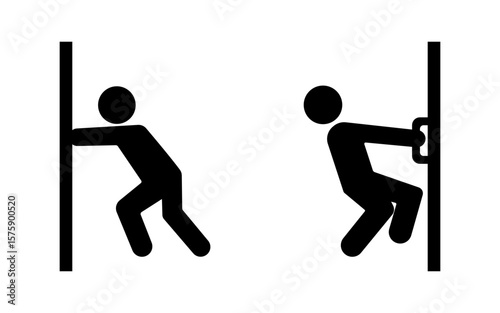 Stickman figure human cartoon silhouettes. people pushing the door and people pulling the door.