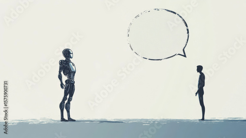 Robot and human communication with blank speech bubble concept