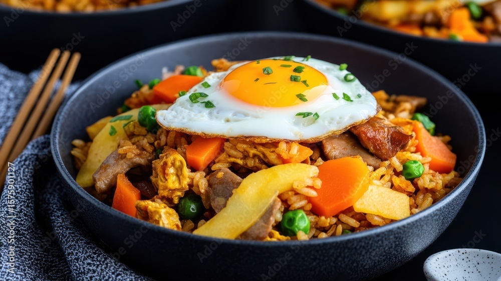Delicious Bowl of Nourishing Food Topped with a Perfectly Fried Egg Delicious Bowl of Nourishing Food Topped with a Perfectly Fried Egg