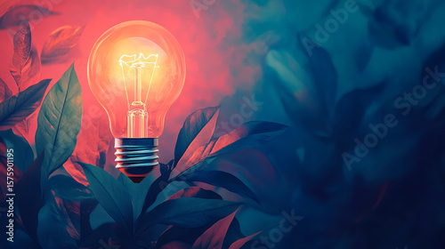 Creative glowing light bulb with surreal red and blue foliage