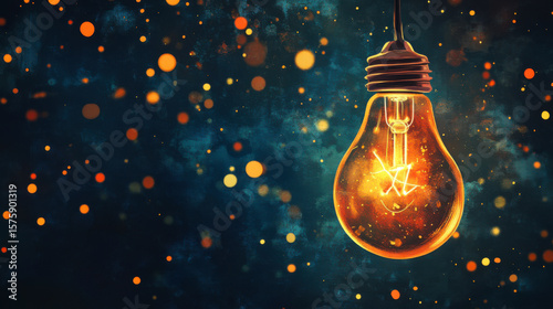 Hanging glowing light bulb with golden bokeh on dark background
