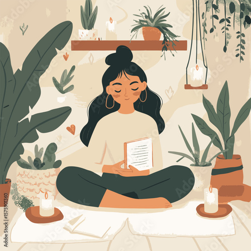 A serene person engaged in meditation surrounded by verdant plants, creating a tranquil indoor sanctuary of relaxation and contemplation.