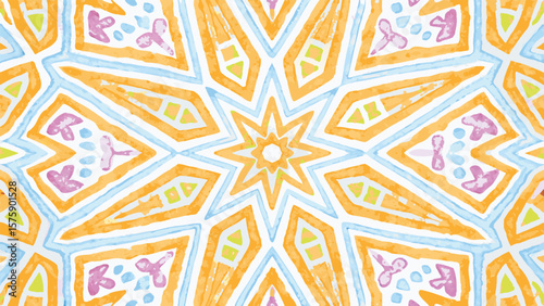 Watercolor kaleidoscope pattern featuring star shapes and floral elements in orange and light blue hues
