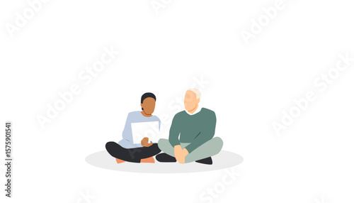 Two people in discussion. People sitting together looking at the laptop.