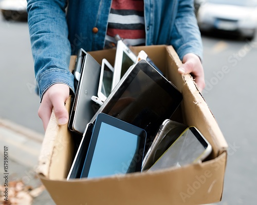 Cardboard box overflowing with various electronic devices.