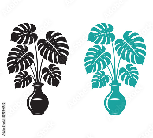 Black and Teal Monstera Plant Silhouettes in Vase on White Background