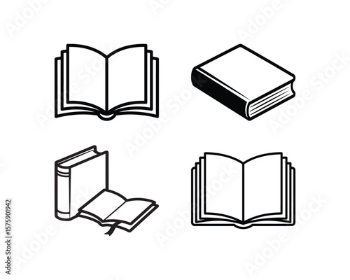 Black and White Book Icons Open and Closed in Different Angles
