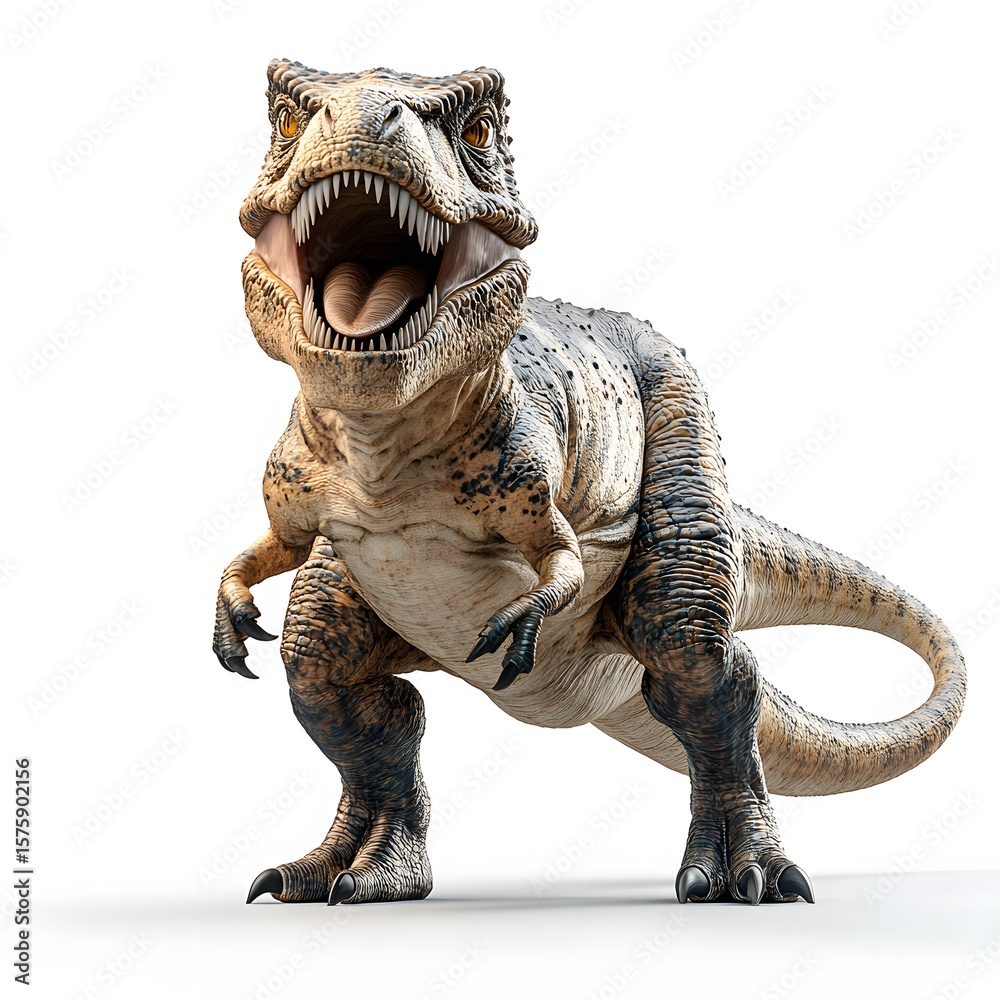 Fototapeta premium A ferocious Tyrannosaurus Rex roars, showcasing its power and sharp teeth. Beige-brown coloring and mottled details highlight its prehistoric nature. Mythical creature isolated on a white background.
