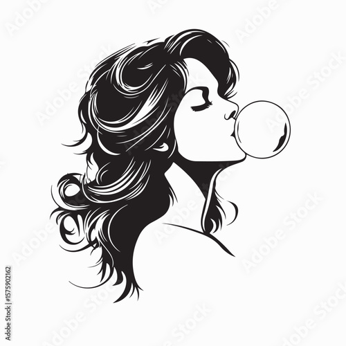 Woman Blowing A Bubble With Bubble Gum image vector.