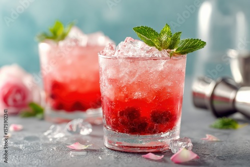 Wallpaper Mural Two glasses of refreshing red fruit cocktail with ice cubes and mint leaves, decorated with rose petals, on a gray concrete table against a light blue wall background Torontodigital.ca