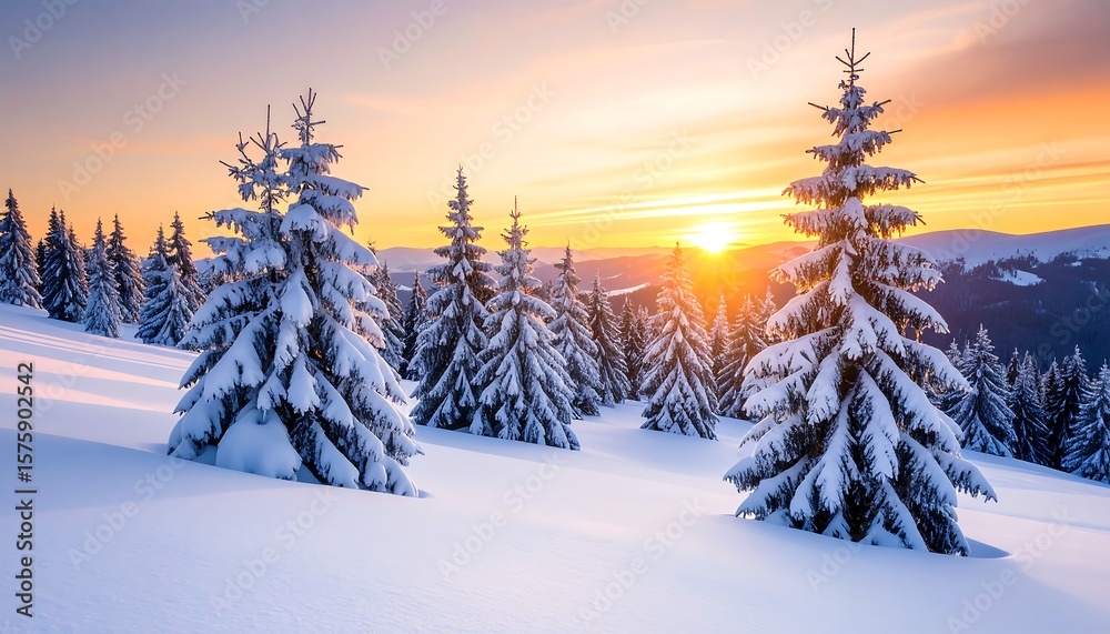 Obraz premium Snowy pine trees at sunset