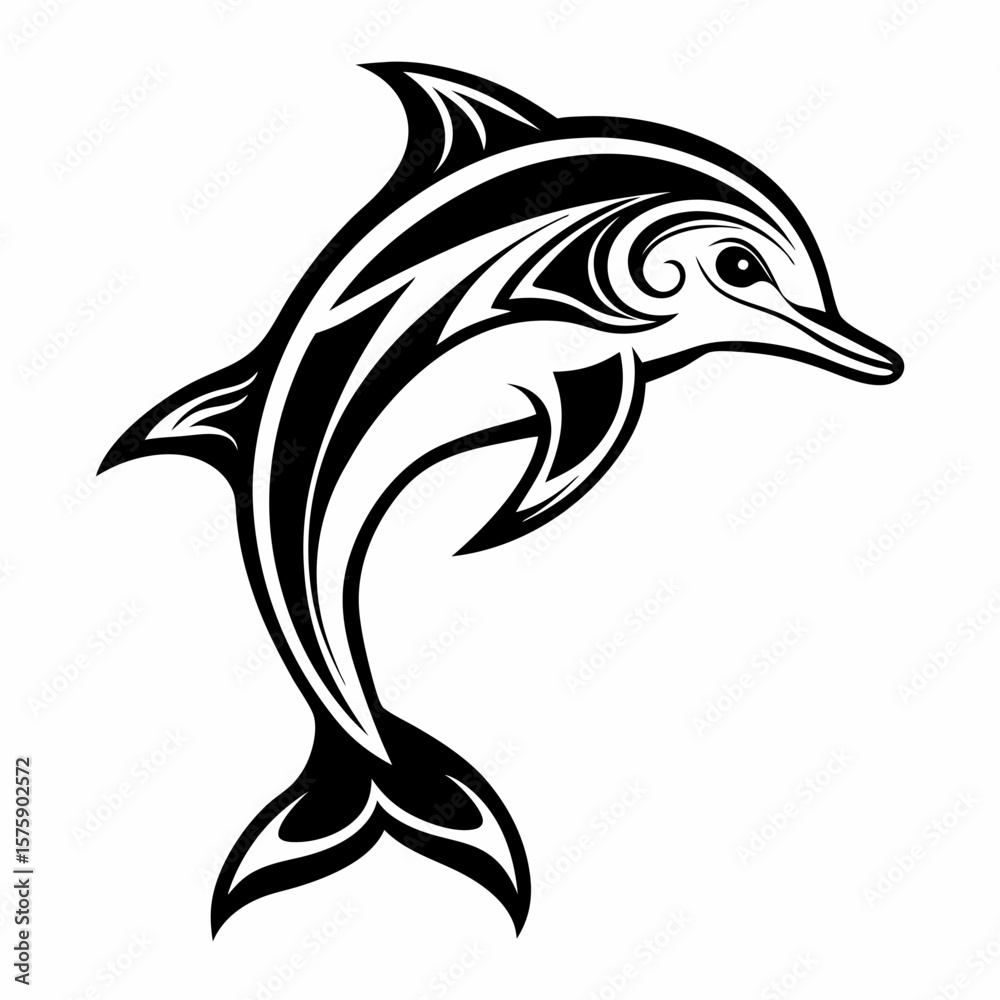 Fototapeta premium Black tribal dolphin silhouette leaping on white background animal ocean