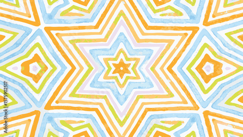 Watercolor kaleidoscope pattern featuring stars, diamonds, and colorful stripes with a hand drawn feel