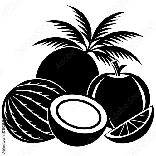 Black silhouette of tropical fruits including coconuts and palm leaves vector