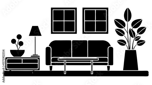 Black silhouette of living room furniture and plants on white background sofa couch