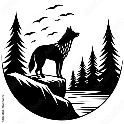 Black wolf on rocky outcrop with pine trees and birds vector illustration white