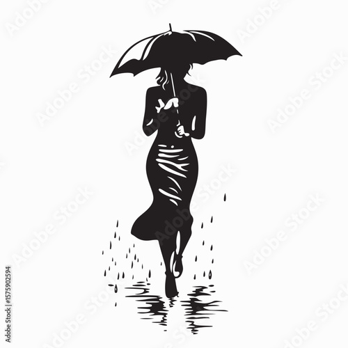 Silhouette of a woman with an umbrella Vector on white background.