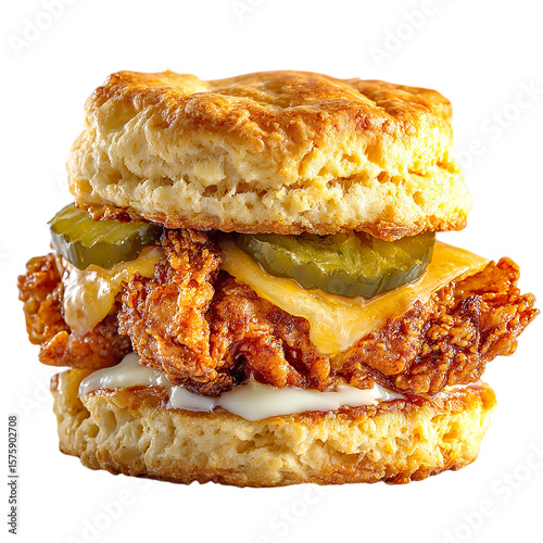 Crispy chicken biscuit sandwich on transparent background