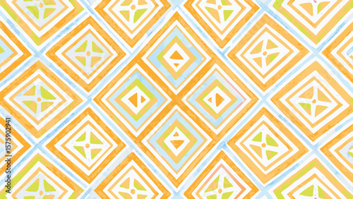 Abstract watercolor pattern featuring diamonds and stripes in orange green and blue hues design