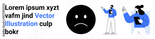 Sad face emotion with two professionals interacting using tablets and pointing to text blocks. Ideal for communication, teamwork, emotions, digital tools, professional scenarios, feedback, simple