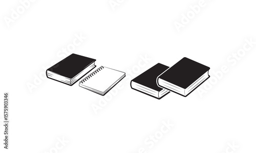 Black and White Books and Notebooks Vector Illustration on White Background