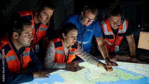 A team of emergency dispatchers in a control room analyze a map on a glowing table, coordinating a response for crisis management, security and strategic planning in a mission