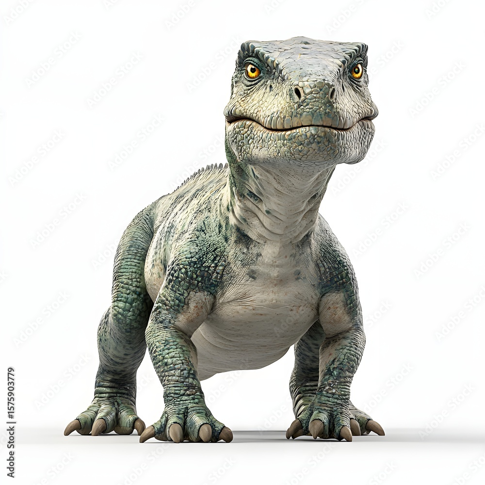 Obraz premium Detailed juvenile Tyrannosaurus Rex rendering. Grey-green scales, amber eyes, powerful build. A fierce young predator. Mythical creature isolated on a white background.