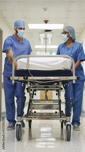 Two focused medical professionals in blue surgical gowns, masks, caps rapidly push a patient on a metallic gurney with iv bags through a brightly lit, sterile hospital corridor with polished floors.