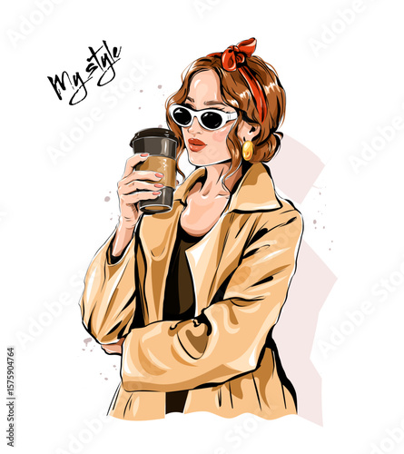 Beautiful fashion woman in sunglasses holding paper coffee cup. Stylish girl with headband on her head. Vector illustration 