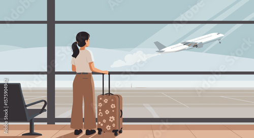 Woman with suitcase watching airplane take off, flat vector style
