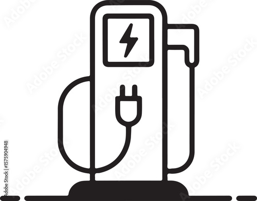 Black and white illustration of an electric vehicle charging station with a lightning bolt symbol and plug