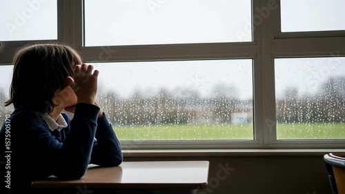 Lonely boy sits at a classroom desk looking out a rainy window, a scene evoking childhood sadness, introversion, and social isolation, a concept for youth mental health