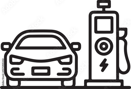 Black and white illustration of an electric car next to an electric charging station