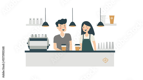 Joyful couple sitting together at a coffee shop in the morning, laughing and enjoying each other's company with warm sunlight, cozy atmosphere, and romantic connection—perfect for lifestyle, love,