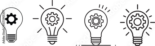 Four Black and White Light Bulb Icons with Gear Symbols and Light Rays idea solution