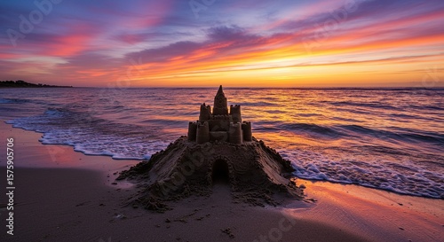 Fototapeta Naklejka Na Ścianę i Meble -  A stunning sunset illuminates a sandcastle on a sandy beach with ocean waves gently lapping.