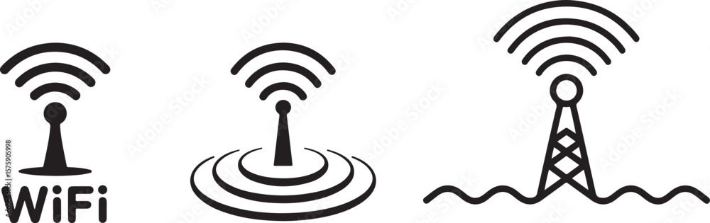 Three Black and White Wi Fi Signal Icons Depicting Wireless Internet Connectivity Three Black and White Wi Fi Signal Icons Depicting Wireless Internet Connectivity